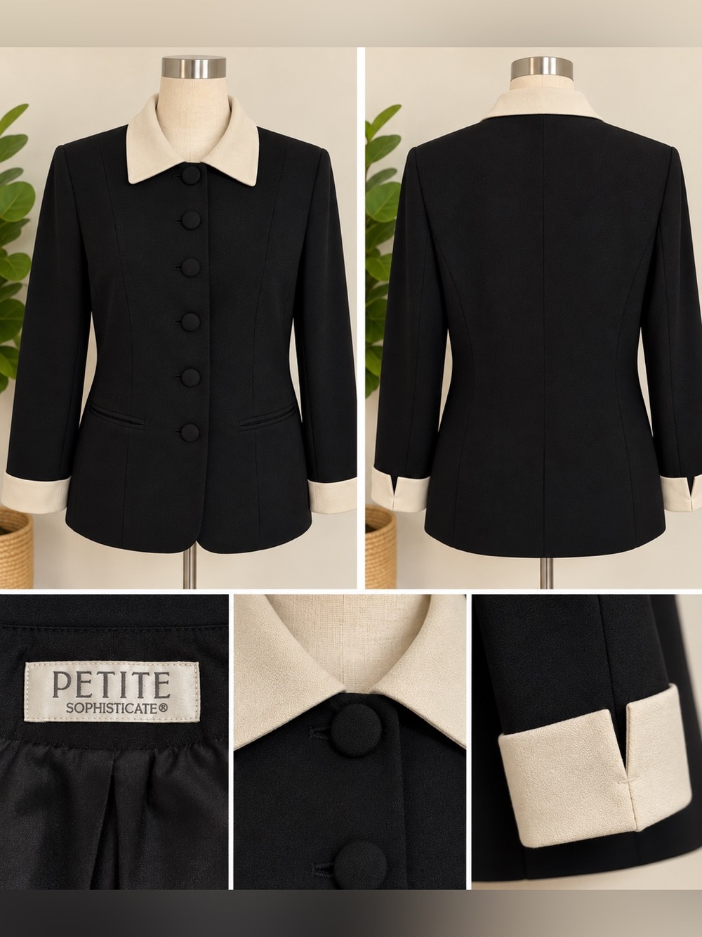 Petite Sophisticate Black Blazer with Cream Collar & Cuff Accents